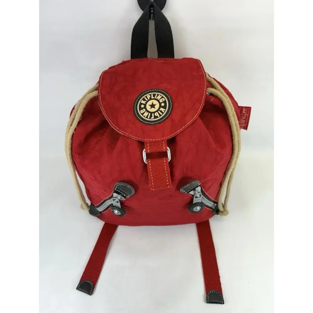 VINTAGE 90s Kipling Red Crinkle Nylon Backpack Rucksack Y2K Small Drawstring